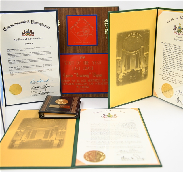 (5) Charlie Wagner Collection Items - 1972 Topps Scout of the Year Award Notepad, 1998 Pro Baseball Scott of the Year Plaque, (3) Commendations from PA State Politicians for Being King of...