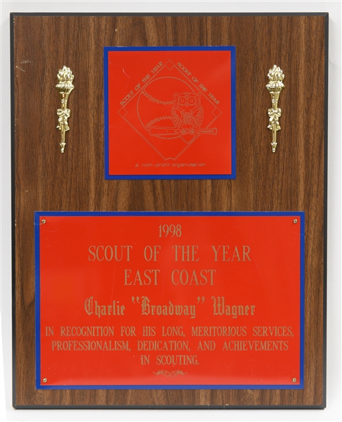 (5) Charlie Wagner Collection Items - 1972 Topps Scout of the Year Award Notepad, 1998 Pro Baseball Scott of the Year Plaque, (3) Commendations from PA State Politicians for Being King of...
