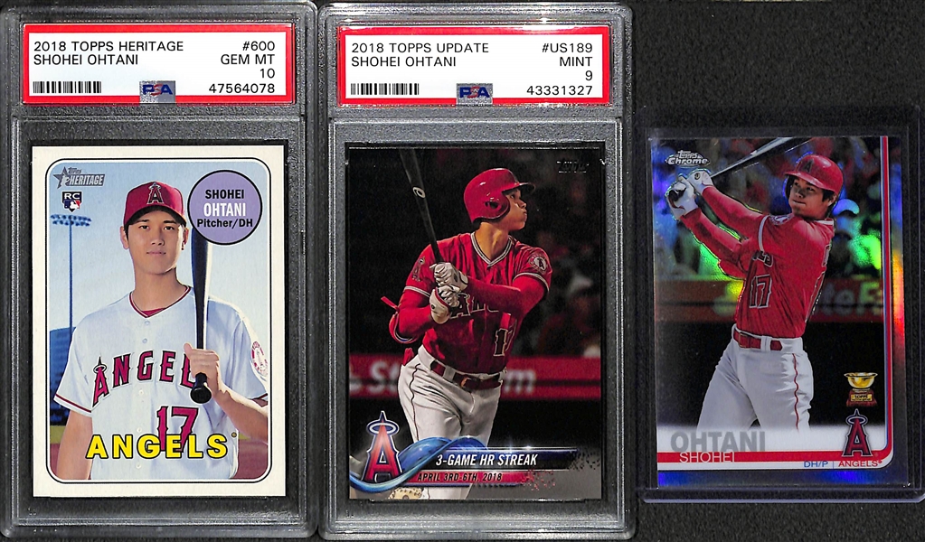Lot of (3) Shohei Ohtani Cards w. 2018 Heritage Rookie (PSA 10), 2018 Topps Update Debut Rookie (PSA 9), 2019 Topps Chrome Refractor