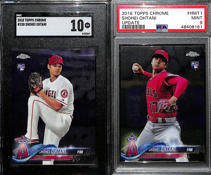 (2) Shohei Ohtani Rookie Cards w. 2018 Topps Chrome #150 (SGC 10) and 2018 Topps Chrome Update #HMT1 (PSA 9)