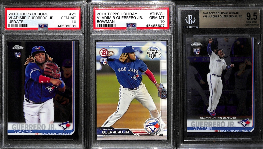 (3) Vladimir Guerrero Jr. 2019 Rookie Cards - Topps Chrome Update #21 (PSA 10), Topps Holiday Bowman (PSA 10), Topps Chrome Update Rookie Debut (BGS 9.5)
