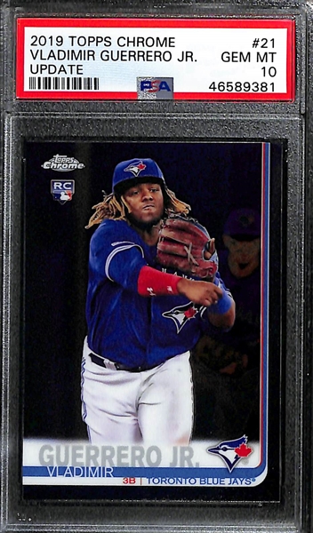 (3) Vladimir Guerrero Jr. 2019 Rookie Cards - Topps Chrome Update #21 (PSA 10), Topps Holiday Bowman (PSA 10), Topps Chrome Update Rookie Debut (BGS 9.5)