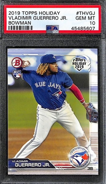 (3) Vladimir Guerrero Jr. 2019 Rookie Cards - Topps Chrome Update #21 (PSA 10), Topps Holiday Bowman (PSA 10), Topps Chrome Update Rookie Debut (BGS 9.5)