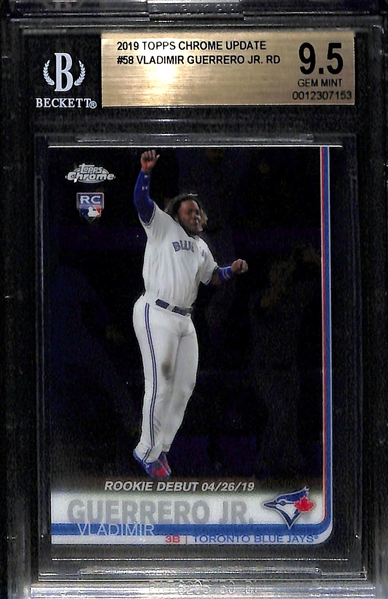 (3) Vladimir Guerrero Jr. 2019 Rookie Cards - Topps Chrome Update #21 (PSA 10), Topps Holiday Bowman (PSA 10), Topps Chrome Update Rookie Debut (BGS 9.5)