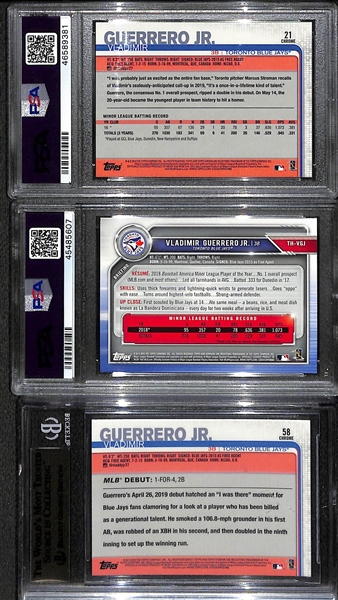 (3) Vladimir Guerrero Jr. 2019 Rookie Cards - Topps Chrome Update #21 (PSA 10), Topps Holiday Bowman (PSA 10), Topps Chrome Update Rookie Debut (BGS 9.5)