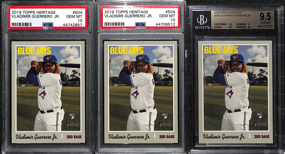 (3) Gem MInt 2019 Vladimir Guerrero Jr. Topps Heritage Rookie Cards (#504) - All Graded Gem Mint (Two are PSA 10, One is BGS 9.5)