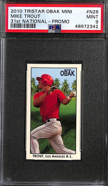 Lot of (5) Mike Trout Cards - Inc. 4 PSA Graded Rookies from 2010 (3 Cedar Rapids PSA 9 Cards, 2010 Obak National Promo PSA 9)