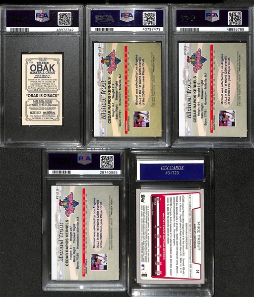 Lot of (5) Mike Trout Cards - Inc. 4 PSA Graded Rookies from 2010 (3 Cedar Rapids PSA 9 Cards, 2010 Obak National Promo PSA 9)