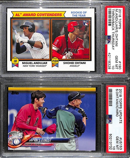 (2) 2018 Shohei Ohtani PSA 10 Rookies, w. Topps Throwback Thursday Ohtani/Andujar & Topps Update US153 with Ichiro