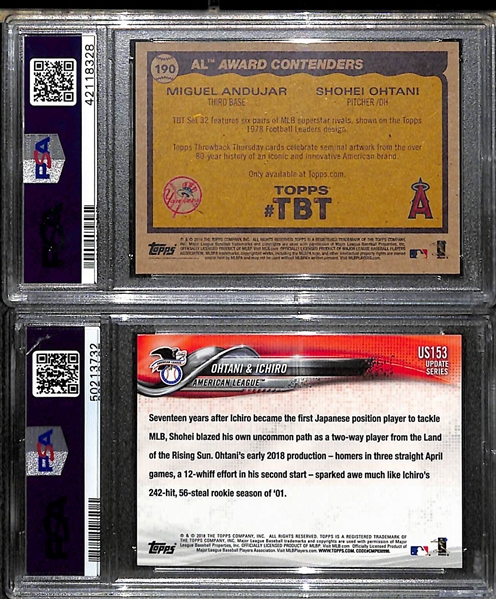 (2) 2018 Shohei Ohtani PSA 10 Rookies, w. Topps Throwback Thursday Ohtani/Andujar & Topps Update US153 with Ichiro