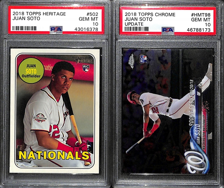 (2) Juan Soto PSA 10 Rookies, Inc. 2018 Topps Heritage #502 & 2018 Topps Chrome Update Rookie Debut HMT98