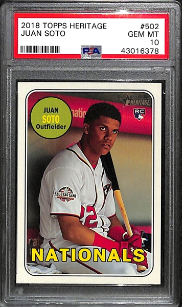 (2) Juan Soto PSA 10 Rookies, Inc. 2018 Topps Heritage #502 & 2018 Topps Chrome Update Rookie Debut HMT98