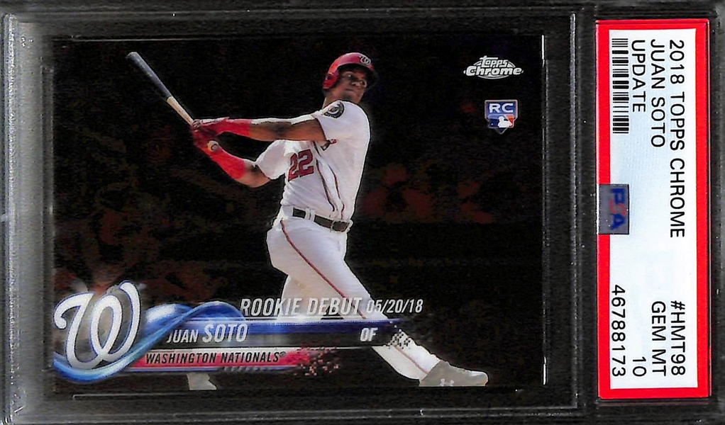 (2) Juan Soto PSA 10 Rookies, Inc. 2018 Topps Heritage #502 & 2018 Topps Chrome Update Rookie Debut HMT98
