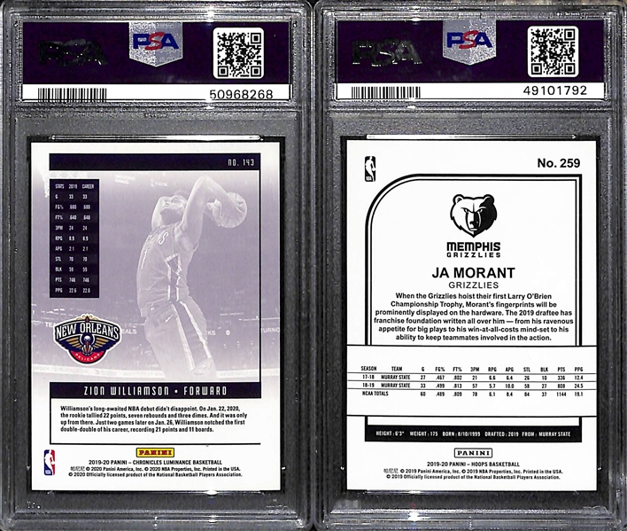 2019-20 Basketball Rookies - Chronicles Luminance Zion Williamson #143 (PSA 10) & Hoops Ja Morant #259 (PSA 10)