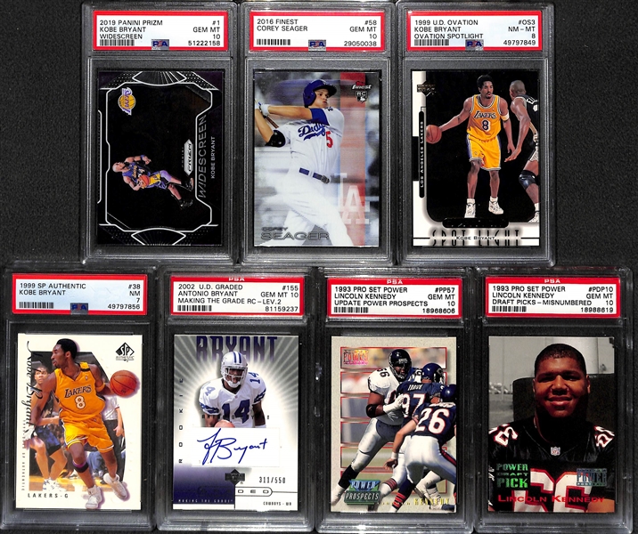 (7) PSA Graded Cards w. 2019 Prizm Kobe Bryant Widescreen #1 (PSA 10) & 2016 Finest Corey Seager Rookie (PSA 10)