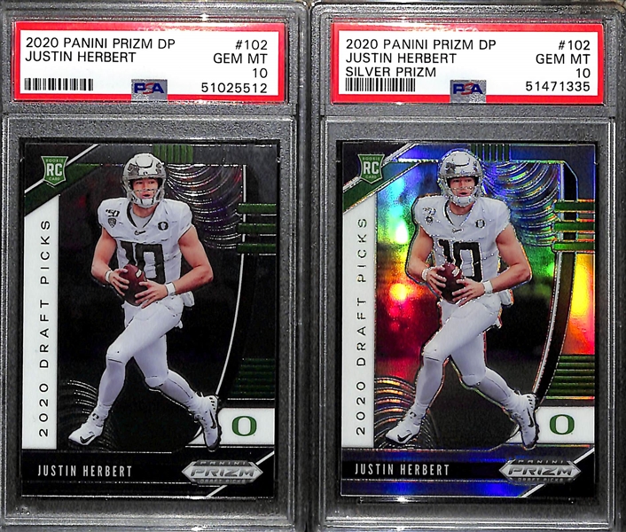 (2) 2020 Justin Herbert Prizm Draft Rookies #102 (One is a Silver Prizm Short Print) - Both Graded PSA 10