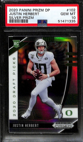(2) 2020 Justin Herbert Prizm Draft Rookies #102 (One is a Silver Prizm Short Print) - Both Graded PSA 10