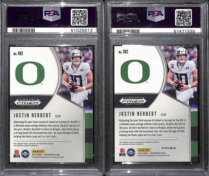 (2) 2020 Justin Herbert Prizm Draft Rookies #102 (One is a Silver Prizm Short Print) - Both Graded PSA 10