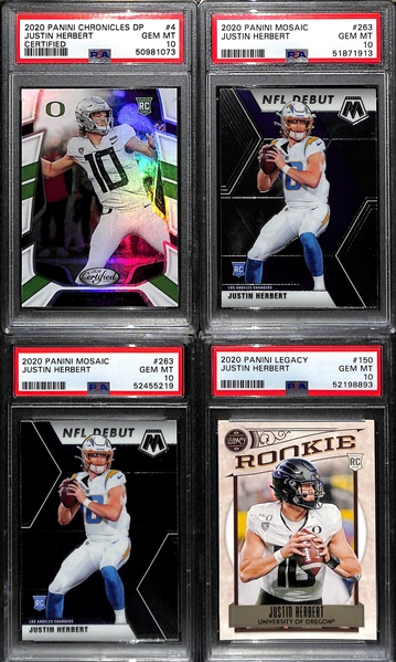 (4) 2020 Panini Justin Herbert PSA 10 Rookie Cards - (2) Mosaic Debut #263, Legacy #150, Chronicles Draft Certified #4
