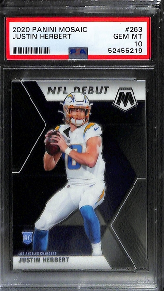 (4) 2020 Panini Justin Herbert PSA 10 Rookie Cards - (2) Mosaic Debut #263, Legacy #150, Chronicles Draft Certified #4