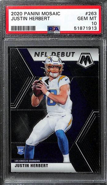 (4) 2020 Panini Justin Herbert PSA 10 Rookie Cards - (2) Mosaic Debut #263, Legacy #150, Chronicles Draft Certified #4