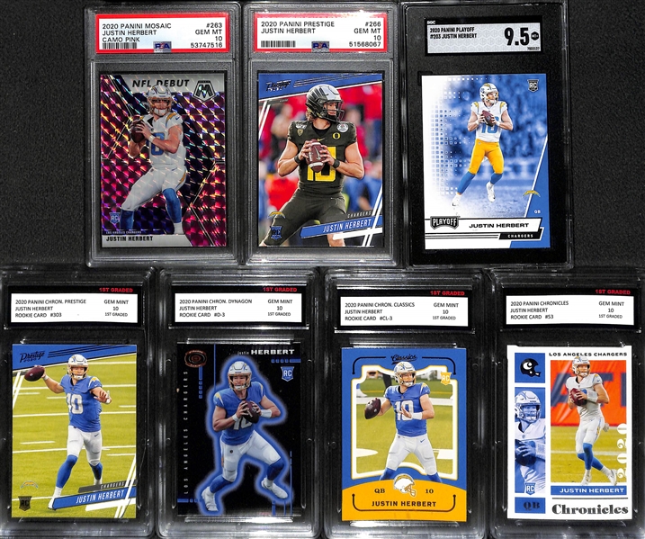 (7) 2020 Justin Herbert Graded Rookie Cards Inc. Mosaic Debut Pink Camo #263 PSA 10, Prestige #266 PSA 10, Playoff #203 SGC 9.5