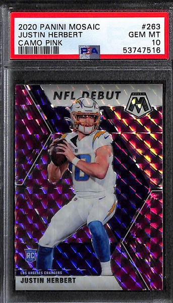 (7) 2020 Justin Herbert Graded Rookie Cards Inc. Mosaic Debut Pink Camo #263 PSA 10, Prestige #266 PSA 10, Playoff #203 SGC 9.5