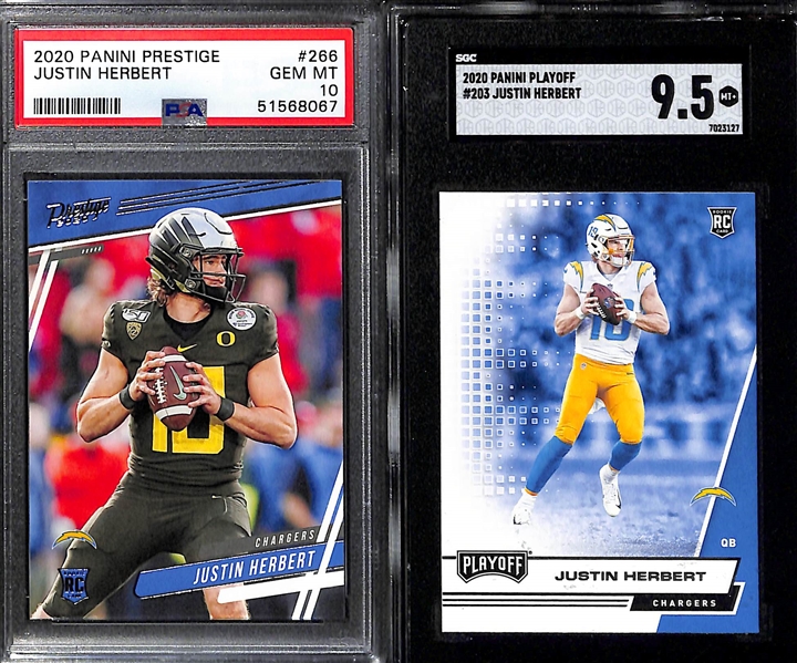 (7) 2020 Justin Herbert Graded Rookie Cards Inc. Mosaic Debut Pink Camo #263 PSA 10, Prestige #266 PSA 10, Playoff #203 SGC 9.5