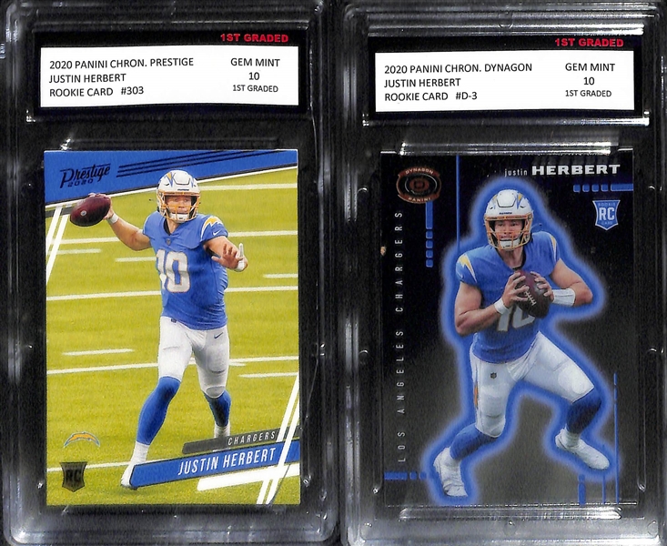 (7) 2020 Justin Herbert Graded Rookie Cards Inc. Mosaic Debut Pink Camo #263 PSA 10, Prestige #266 PSA 10, Playoff #203 SGC 9.5