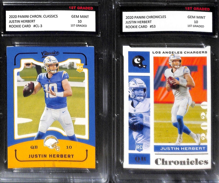 (7) 2020 Justin Herbert Graded Rookie Cards Inc. Mosaic Debut Pink Camo #263 PSA 10, Prestige #266 PSA 10, Playoff #203 SGC 9.5