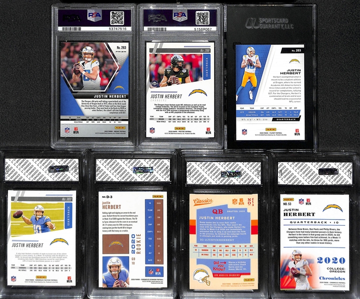 (7) 2020 Justin Herbert Graded Rookie Cards Inc. Mosaic Debut Pink Camo #263 PSA 10, Prestige #266 PSA 10, Playoff #203 SGC 9.5