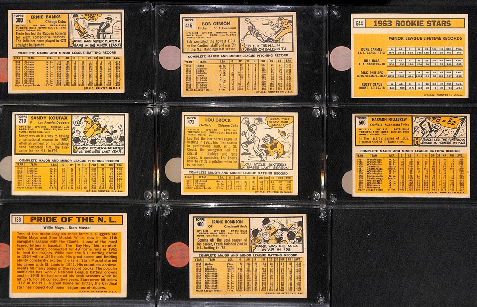 Lot of (18) 1963 Topps Baseball w. Banks, Mays, Gibson, Maris, and More!