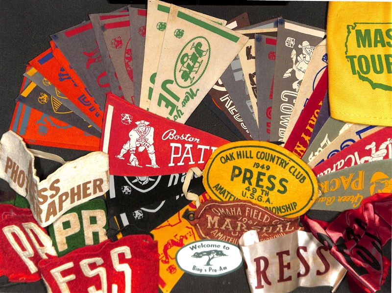 Lot of (30) 1960s Football Mini Pennants & (8) Vintage Felt/Fabric Arm Band Press Passes