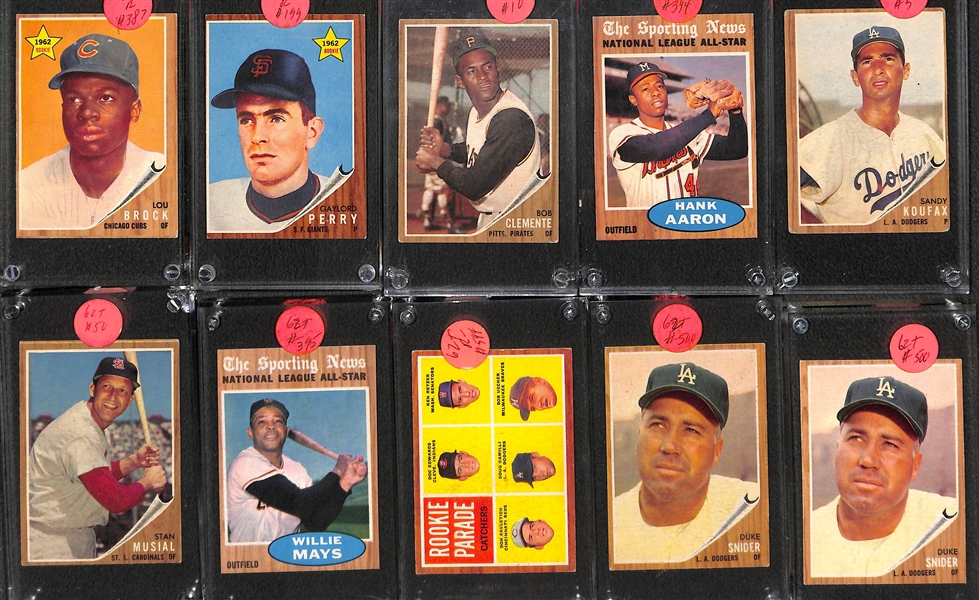 Lot of (19) 1962 Topps Baseball Cards with Lou Brock and Gaylord Perry Rookies, Clemente, Aaron and Many More Stars
