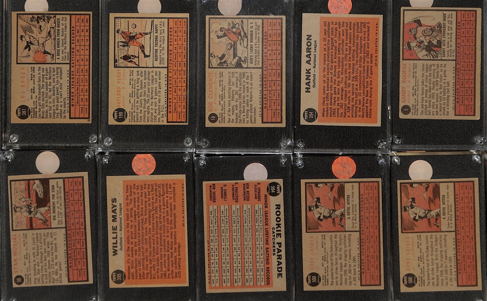 Lot of (19) 1962 Topps Baseball Cards with Lou Brock and Gaylord Perry Rookies, Clemente, Aaron and Many More Stars