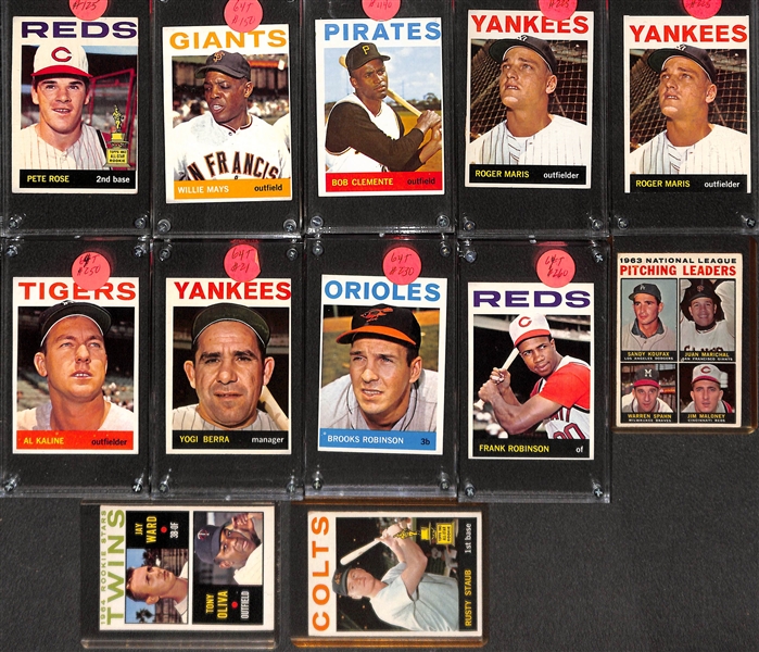 Lot of (12) 1964 Topps Baseball Stars w. Pete Rose, Willie Mays, Roberto Clemente and Others