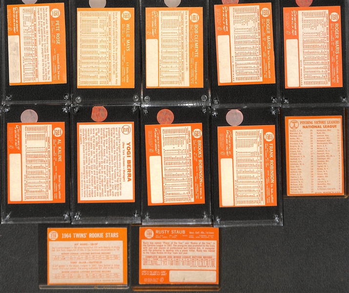 Lot of (12) 1964 Topps Baseball Stars w. Pete Rose, Willie Mays, Roberto Clemente and Others