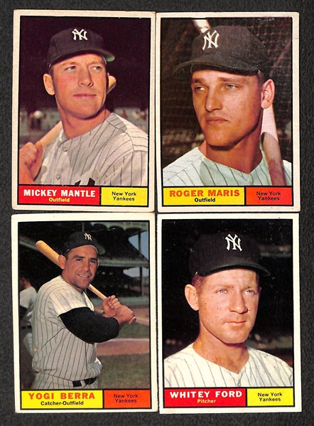 Lot of (27) 1961 Topps Yankee Cards w. Mickey Mantle & Roger Maris 