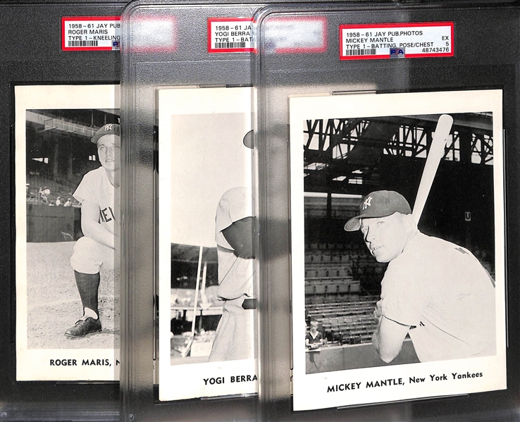 (3) Yankees 1958-61 Jay Publishing Graded Photos w. Mickey Mantle (PSA 5), Yogi Berra (PSA 5), Roger Maris (PSA 2)