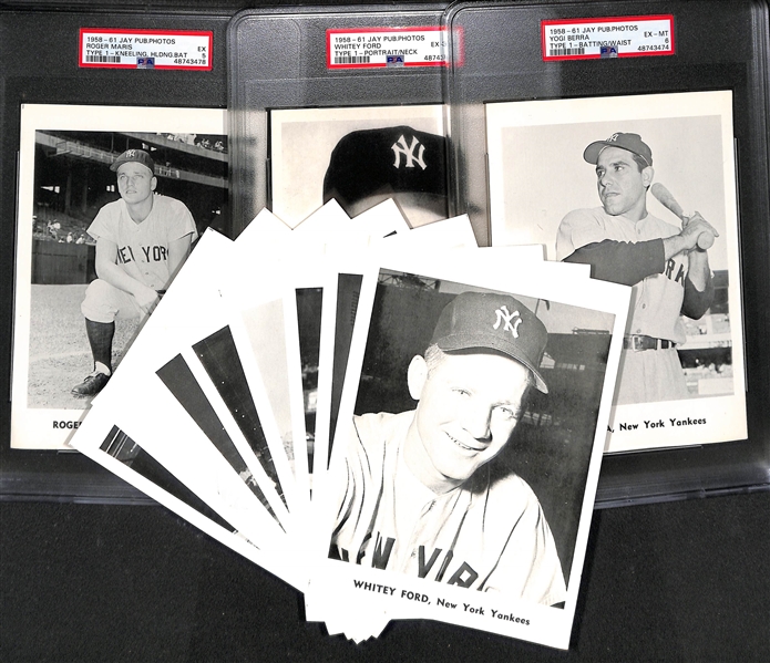 (15) Yankees 1958-61 Jay Publishing Photos w. (3) Graded - Whitey Ford (PSA 6), Yogi Berra (PSA 6), Roger Maris (PSA 5)