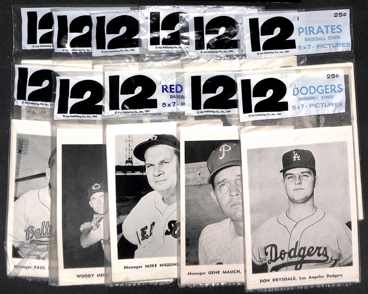 (11) 1958-61 Jay Publishing Photo Team Sets in Original Bags (12 Photos Per Bag) - Cardinals, Phillies, Dodgers, Senators, White Sox, A's, (2) Red Sox, Pirates, Orioles, Indians, 