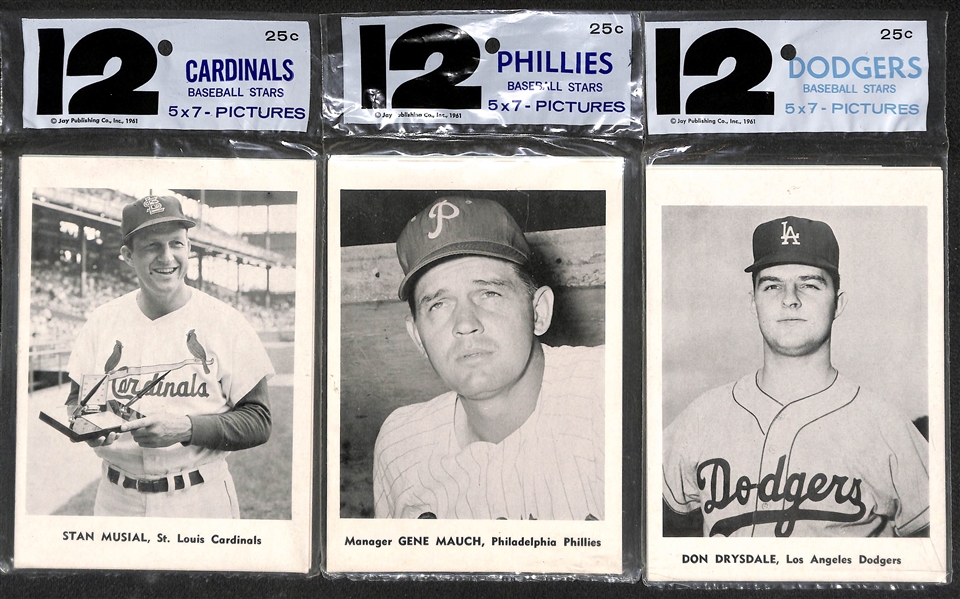 (11) 1958-61 Jay Publishing Photo Team Sets in Original Bags (12 Photos Per Bag) - Cardinals, Phillies, Dodgers, Senators, White Sox, A's, (2) Red Sox, Pirates, Orioles, Indians, 