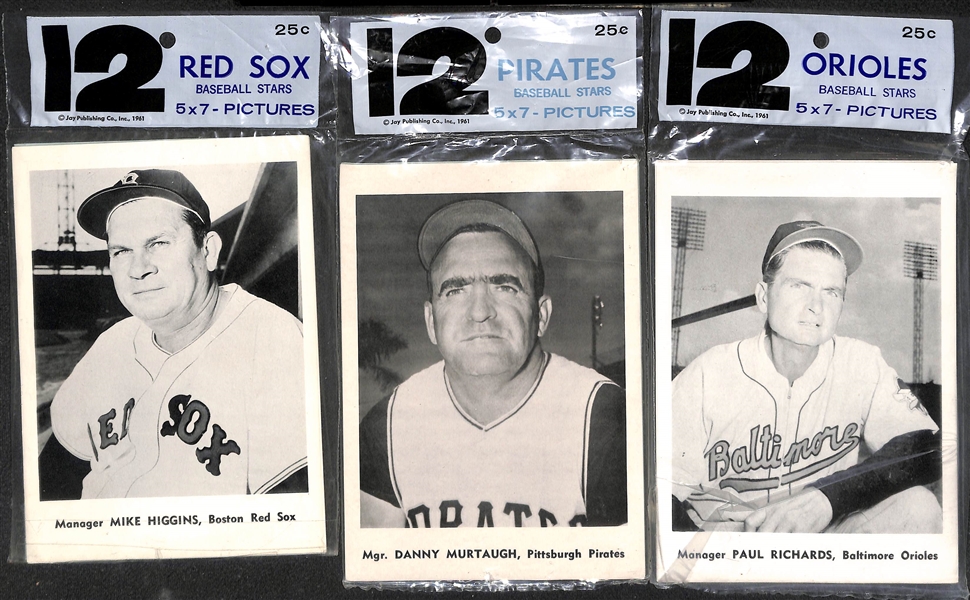 (11) 1958-61 Jay Publishing Photo Team Sets in Original Bags (12 Photos Per Bag) - Cardinals, Phillies, Dodgers, Senators, White Sox, A's, (2) Red Sox, Pirates, Orioles, Indians, 
