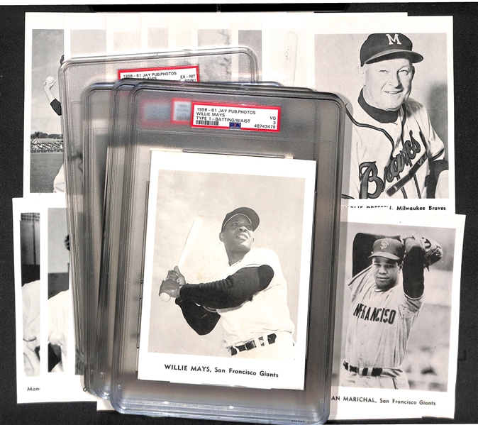 (12) Braves & (12) Giants 1958-61 Jay Publishing - (4) Graded inc. Mays (PSA 3), Aaron (PSA 6 MK), Spahn (PSA 6 MK), Mathews (PSA 6 MK) 