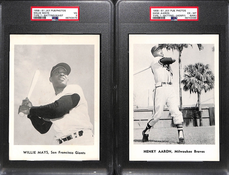 (12) Braves & (12) Giants 1958-61 Jay Publishing - (4) Graded inc. Mays (PSA 3), Aaron (PSA 6 MK), Spahn (PSA 6 MK), Mathews (PSA 6 MK) 
