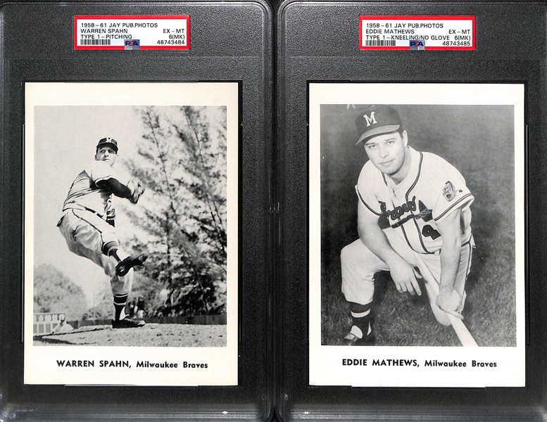 (12) Braves & (12) Giants 1958-61 Jay Publishing - (4) Graded inc. Mays (PSA 3), Aaron (PSA 6 MK), Spahn (PSA 6 MK), Mathews (PSA 6 MK) 