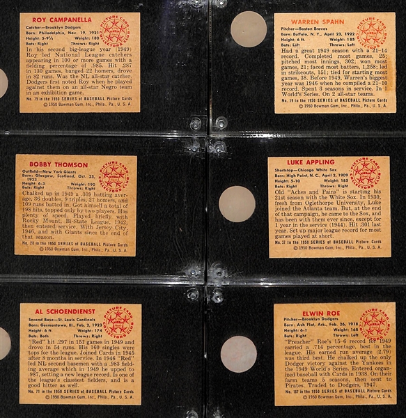 Lot of (24) 1950 Bowman Baseball Cards (Many VG-EX+) w. Campanella, Spahn, Thomson, L. Appling, Schoendienst, Roe, + 