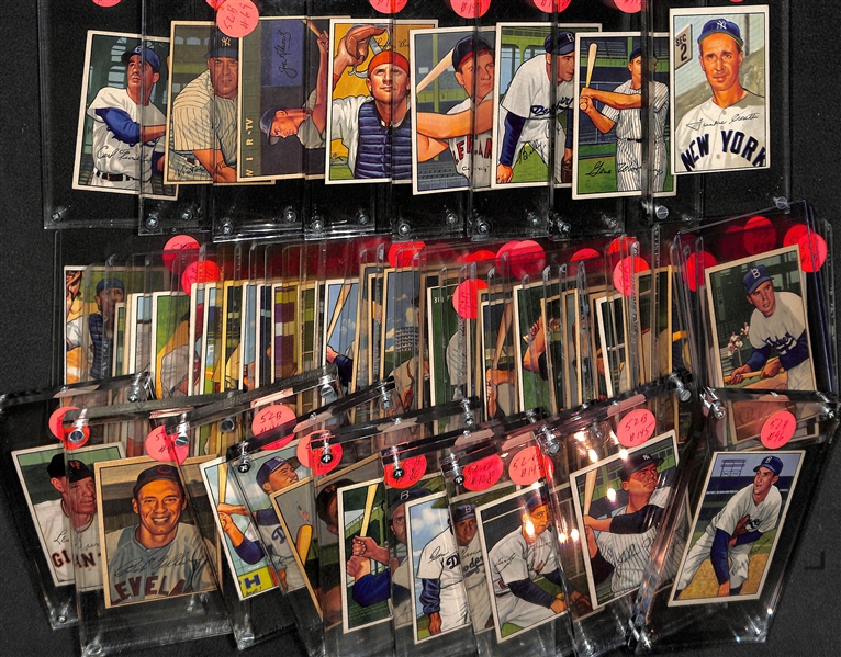 Lot of (57) 1952 Bowman Baseball Cards (Many VG-EX+) w. Duke Snider, Feller, Reese, Durocher, Thomson, Hodges, Newcombe, Mize, + 
