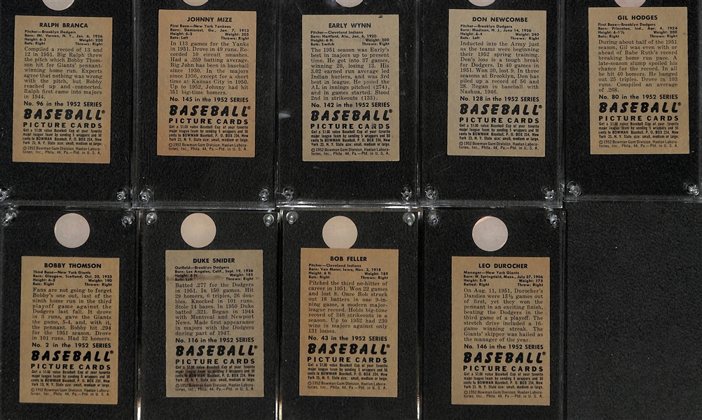 Lot of (57) 1952 Bowman Baseball Cards (Many VG-EX+) w. Duke Snider, Feller, Reese, Durocher, Thomson, Hodges, Newcombe, Mize, + 