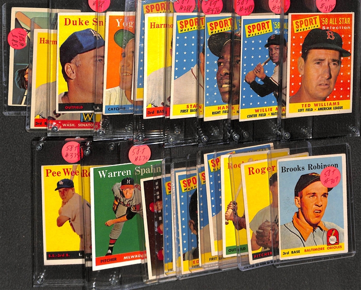 Lot of (20+) 1958 Topps Baseball Stars w. Ted Williams, Willie Mays, Hank Aaron, Stan Musial and Others